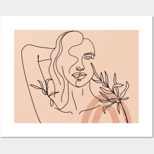 Minimal Woman line art. One line woman body with leaves and abstract shape. Posters and Art